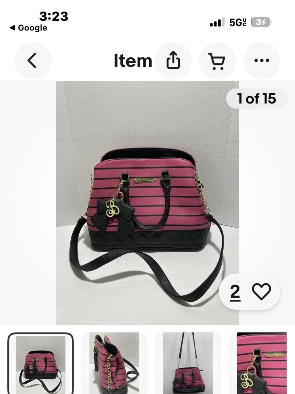 Betsey Johnson Pink and Black Striped Dome Shoulder Bag with Chain Detail